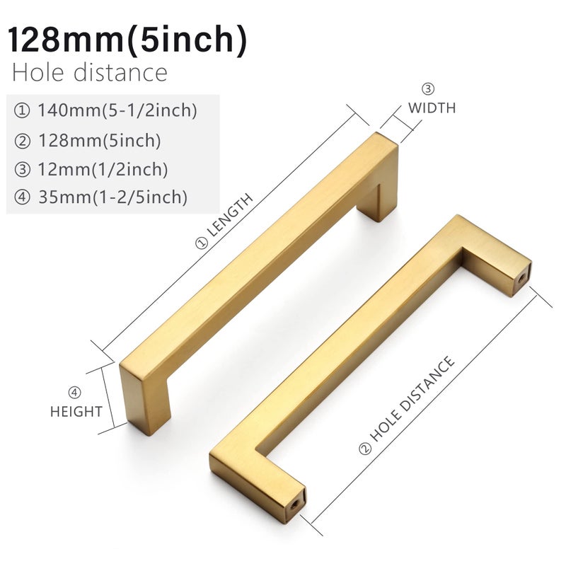 Redunest Cabinet Pulls Gold Cabinet Handles Square Drawer Pulls  5 Pack 5 Inch Stainless Steel Kitchen Door Cupboard Cabinet Handles  Drawer Hardware Handles  128mm Hole Centers - Image 2